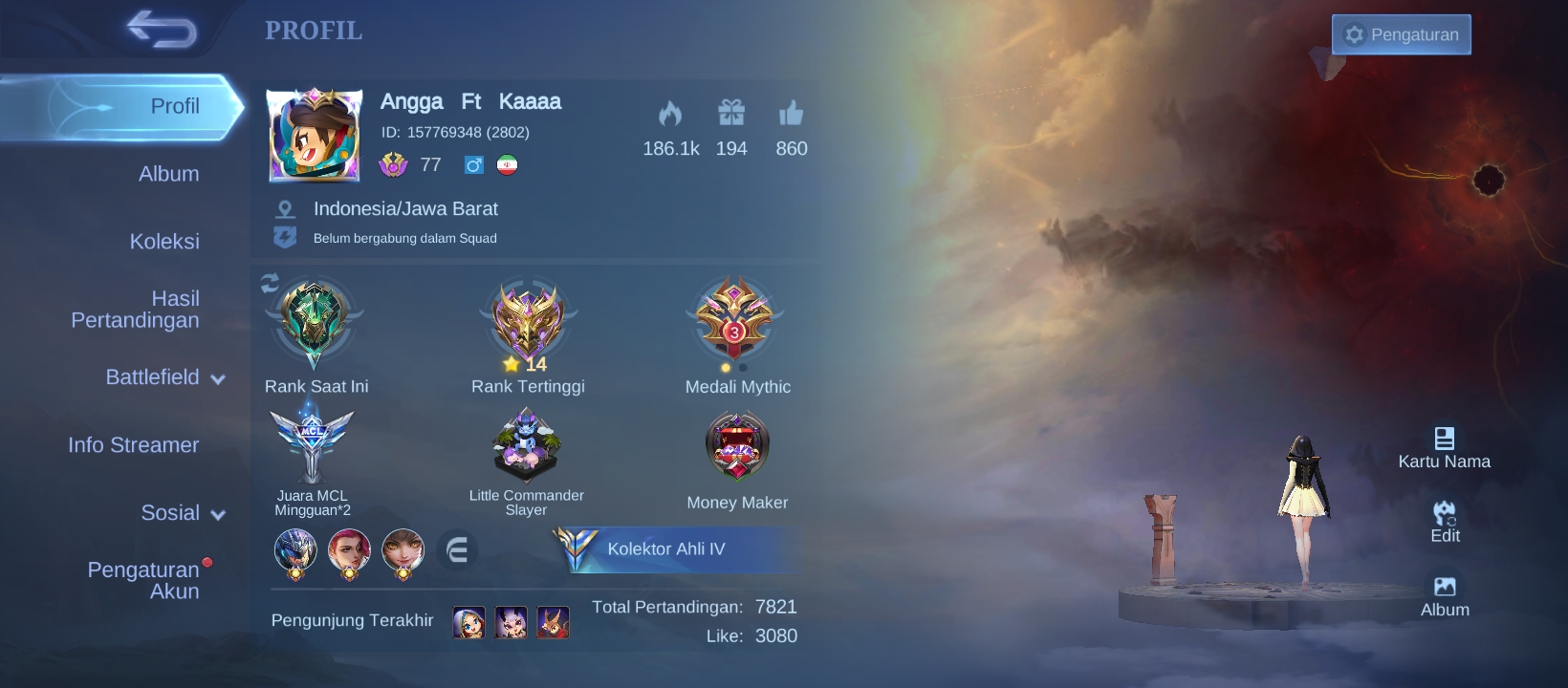 Akun mobile legend pangkat epic