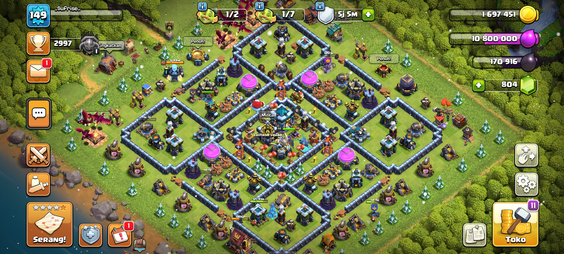 Akun coc Th 13 max wall pinggir full pohon hiasan
