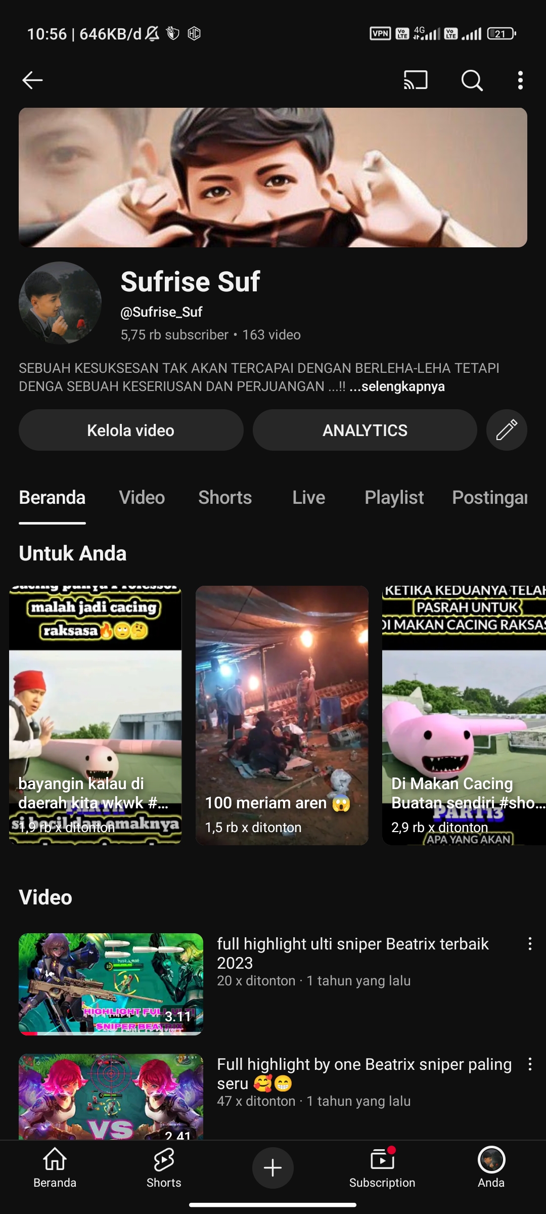 Akun YouTube 5.800 subscriber