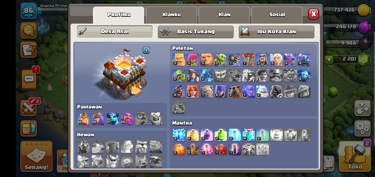 Jual akun coc th 11, udah max semua tinggal tembok, jebakan sama minion nya 5 level lagi.