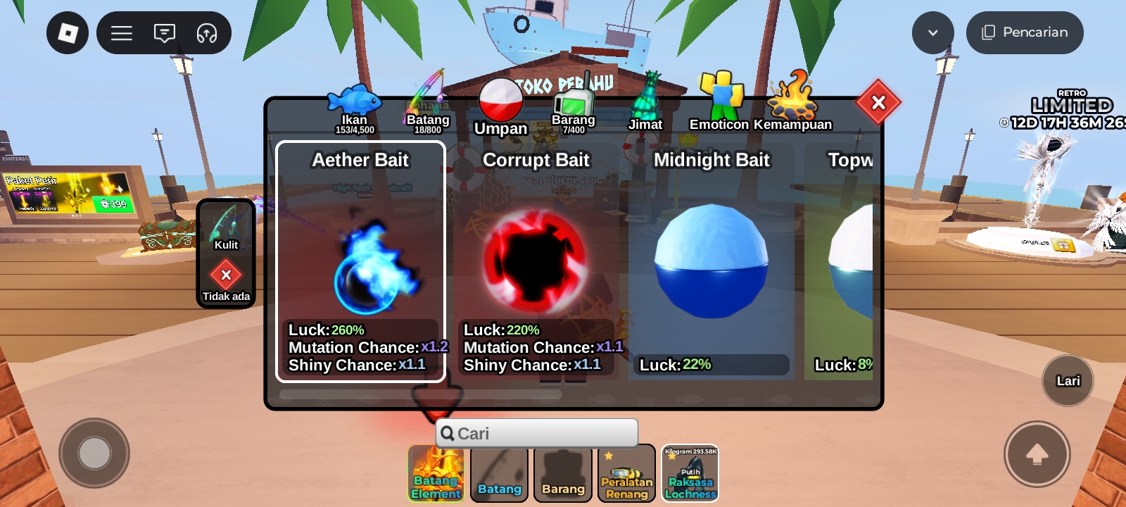 Akun Fish It 200+ | Rod Elemental + Ghostfin + Ares | Murah