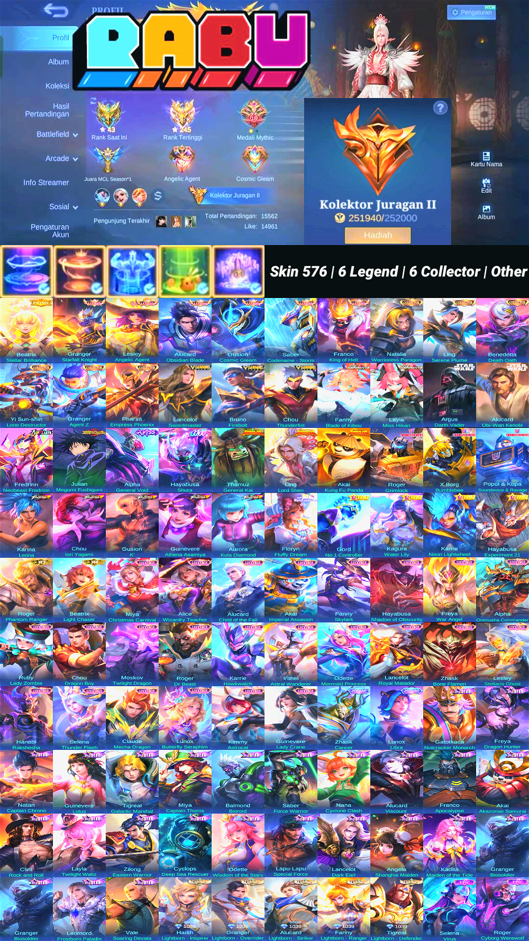 Skin 576 | 6 Legend | 6 Collector | Full Skin KungFuPanda | 3 Dawning | 2 Starwars | 2 Aspirants | 5 Kof | 3 Transformers | Dll