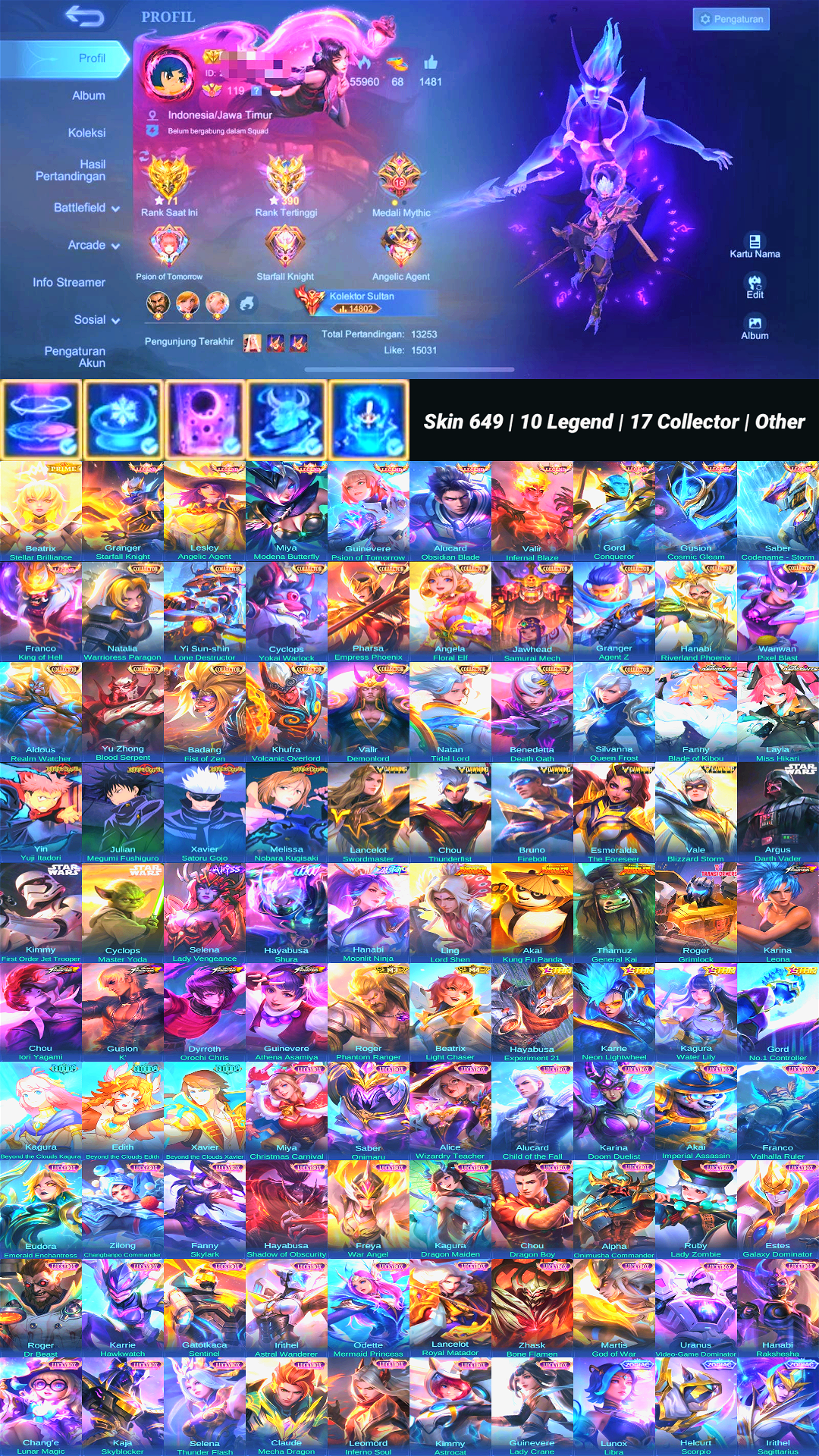 World Collector | Skin 649 | 10 Legend | 17 Colletor | Full Skin Jujutsu,Dawning,KungFuPanda,Clouds | 3 Starwars | Dll