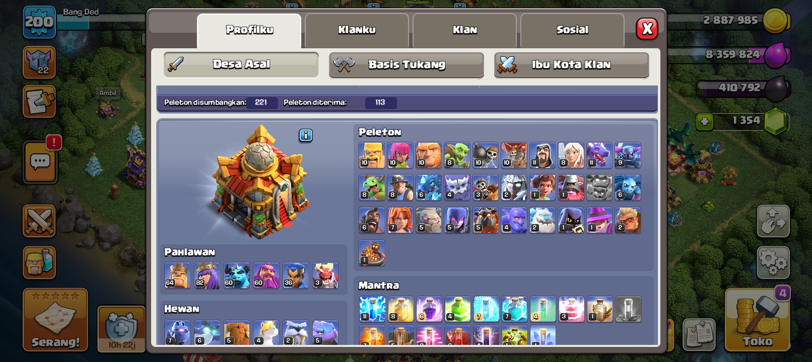 AKUN COC TH 16 FULL UPGADE, MINES TEMBOK BELUM FULL UPGRADE